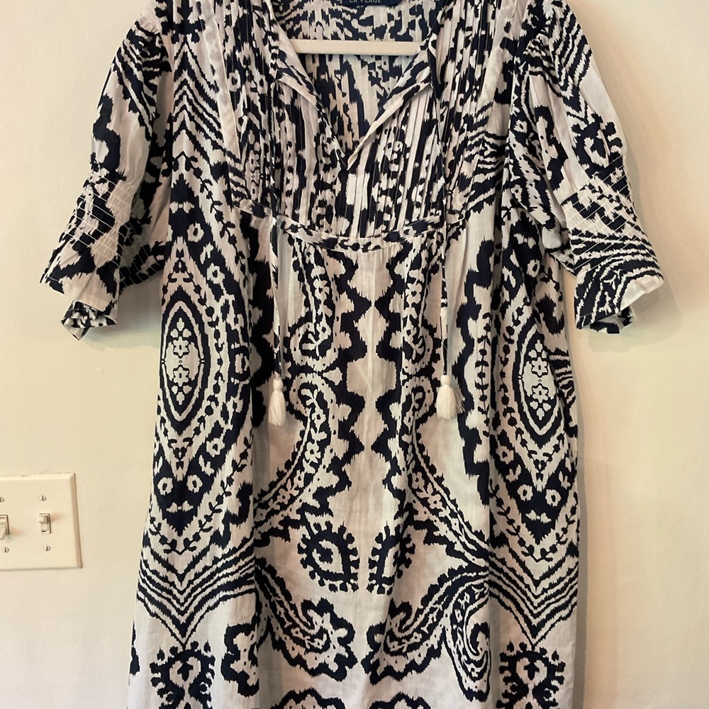 LA PLAGE MIDI DRESS. Navy & White Patterned 100% Cotton.